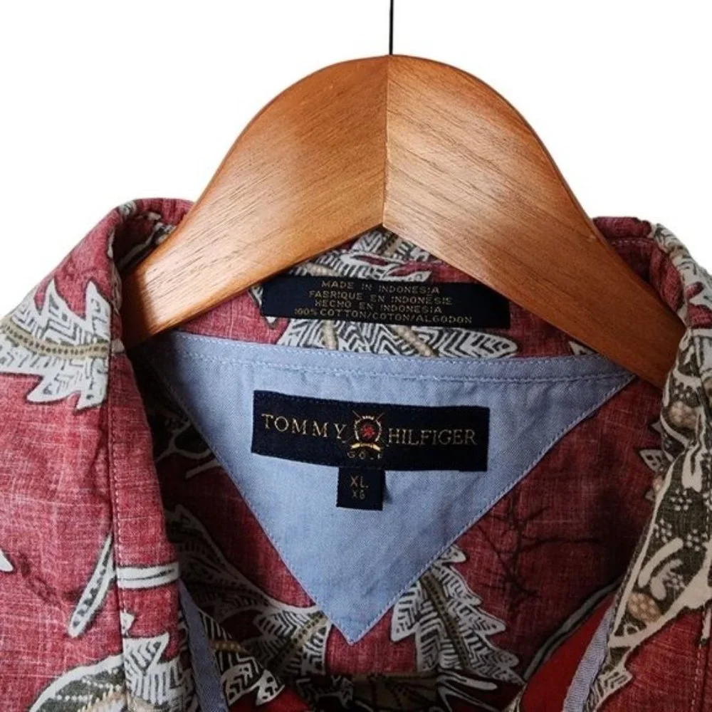 Tommy Hilfiger Golf Red Floral Hawaiian Style Button Up Men's‎ XL Cotton